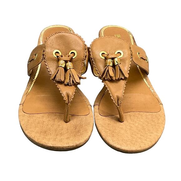 Sperry Topsider Tan Leather Tassel Flip Flop Slip On Wedge Sandal Women 8.5M - Picture 1 of 9